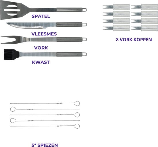 18-delige set van roestvrijstalen BBQ-gereedschap